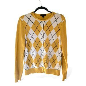 Lands' End Yellow Argyle Button-Up Cardigan – Preppy Knit Sweater Size Medium